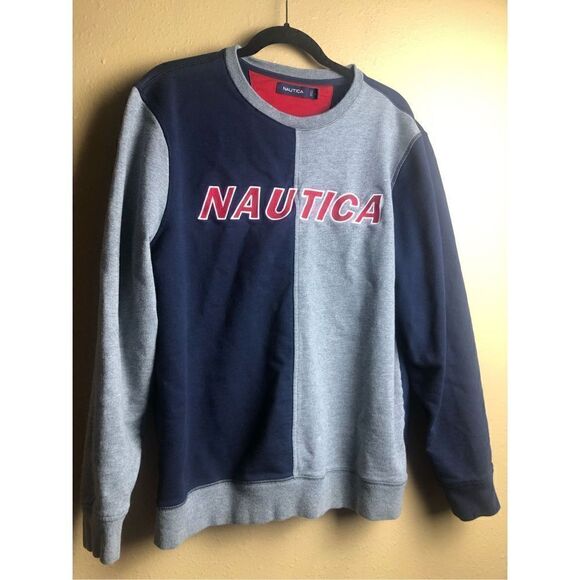 Mens Nautica Spellout Colorblocked Split Face Crew Neck Logo Sweatshirt XL - Picture 1 of 9